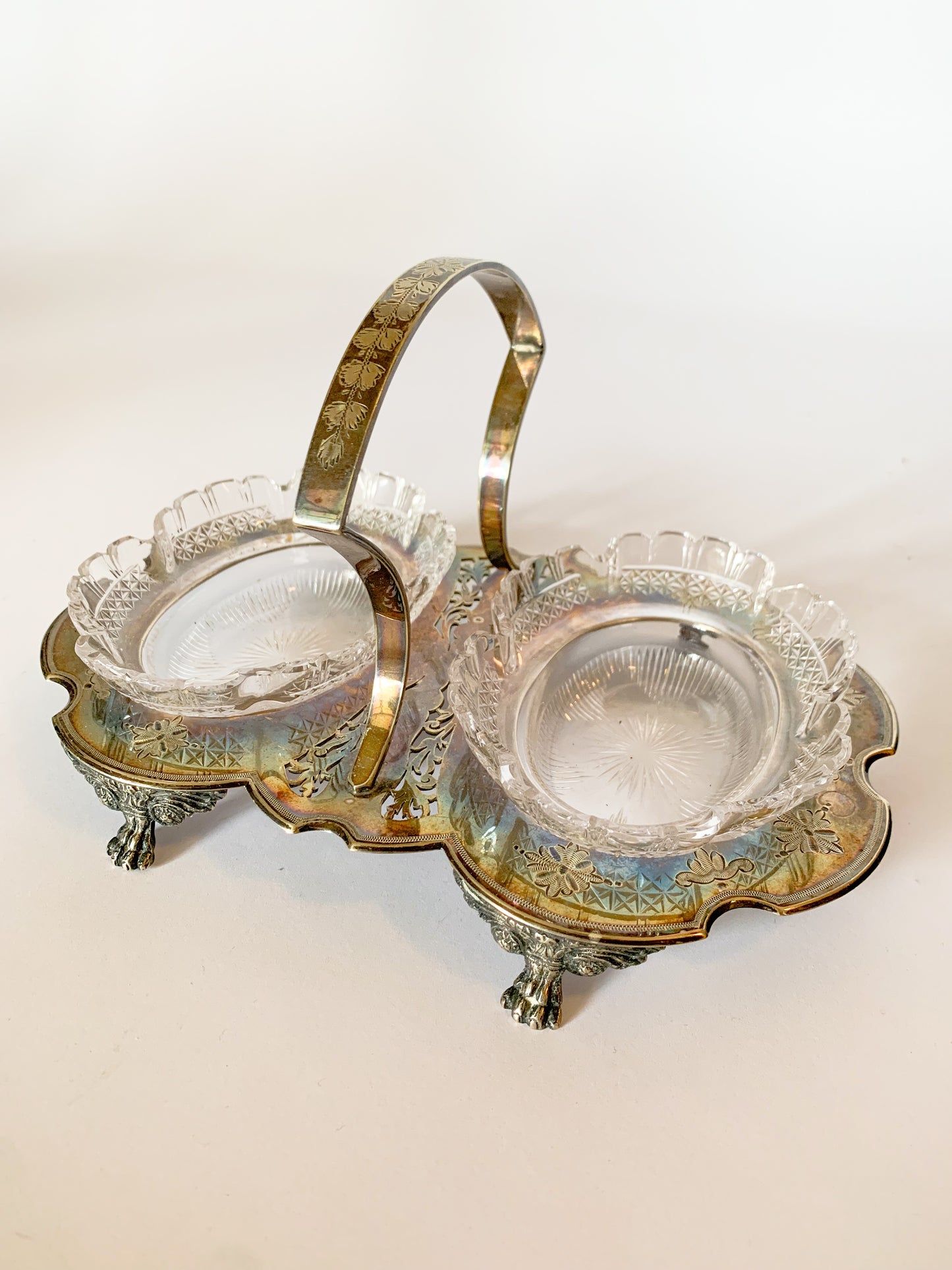 Antique Etched Cooper Bros Silver Plate Relish Caddy with Crystal Inserts