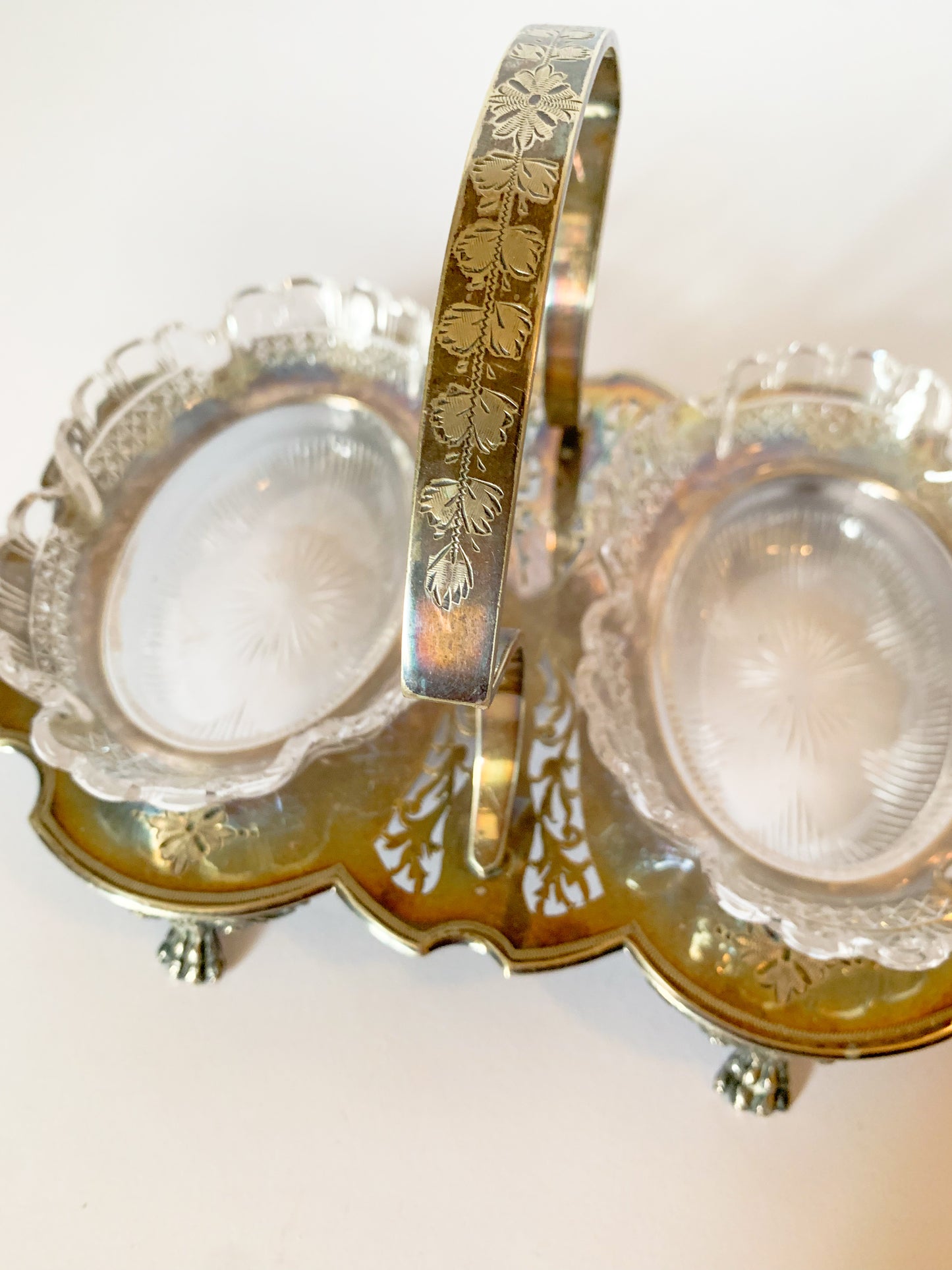 Antique Etched Cooper Bros Silver Plate Relish Caddy with Crystal Inserts