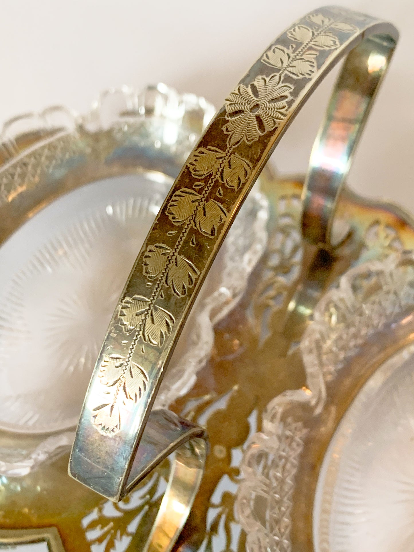 Antique Etched Cooper Bros Silver Plate Relish Caddy with Crystal Inserts