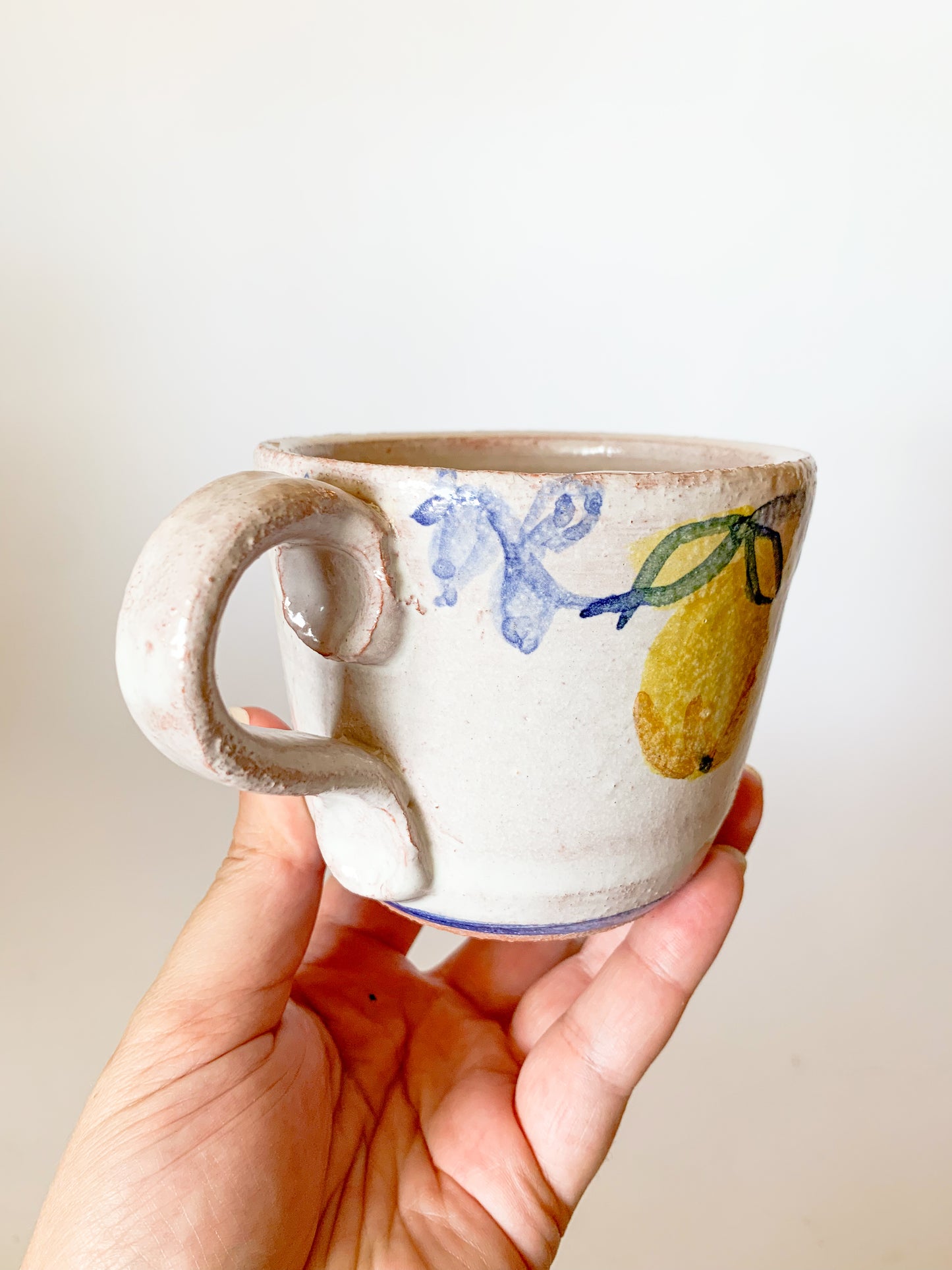Hand Painted Lemons Studio Pottery mug, signed