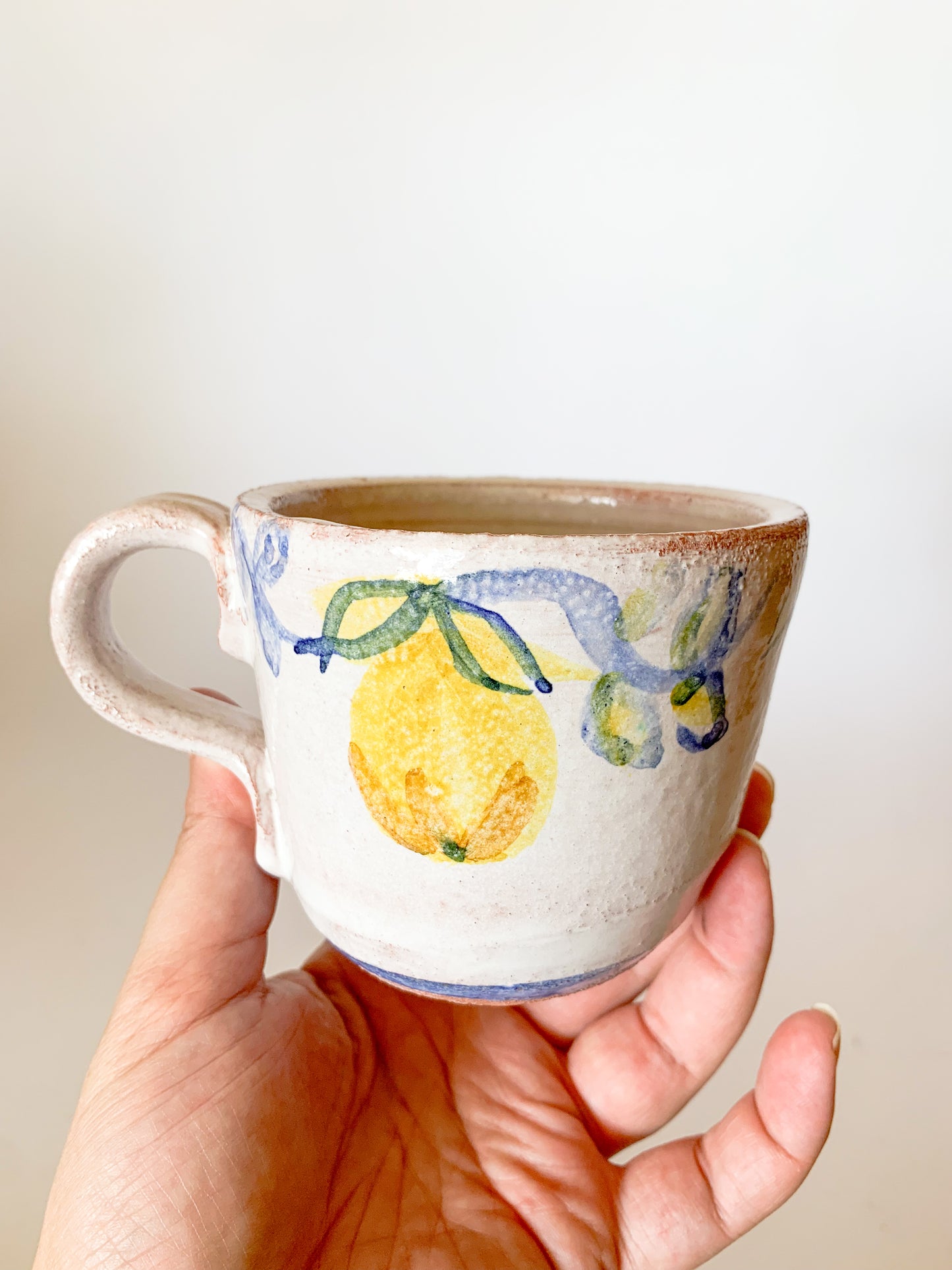 Hand Painted Lemons Studio Pottery mug, signed