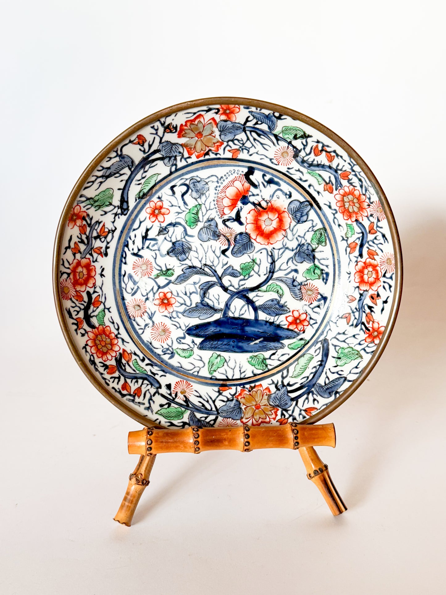 Vintage Brass Encased Chinoiserie Bowl - Blue, Green, Coral