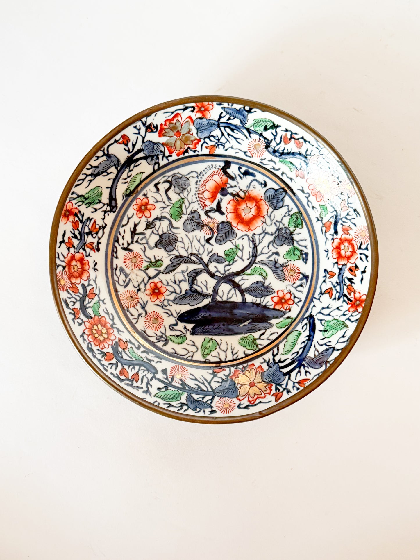 Vintage Brass Encased Chinoiserie Bowl - Blue, Green, Coral