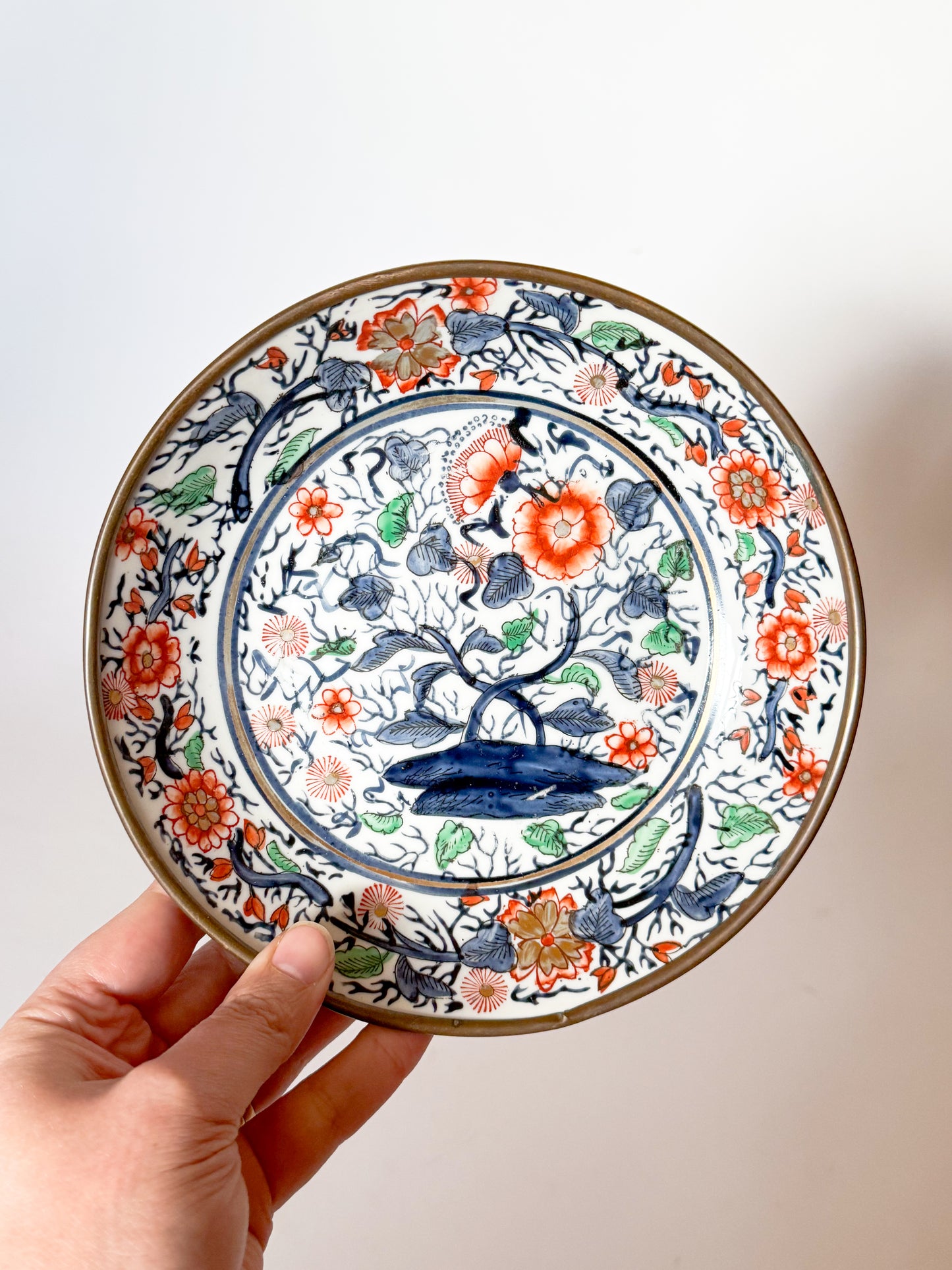 Vintage Brass Encased Chinoiserie Bowl - Blue, Green, Coral