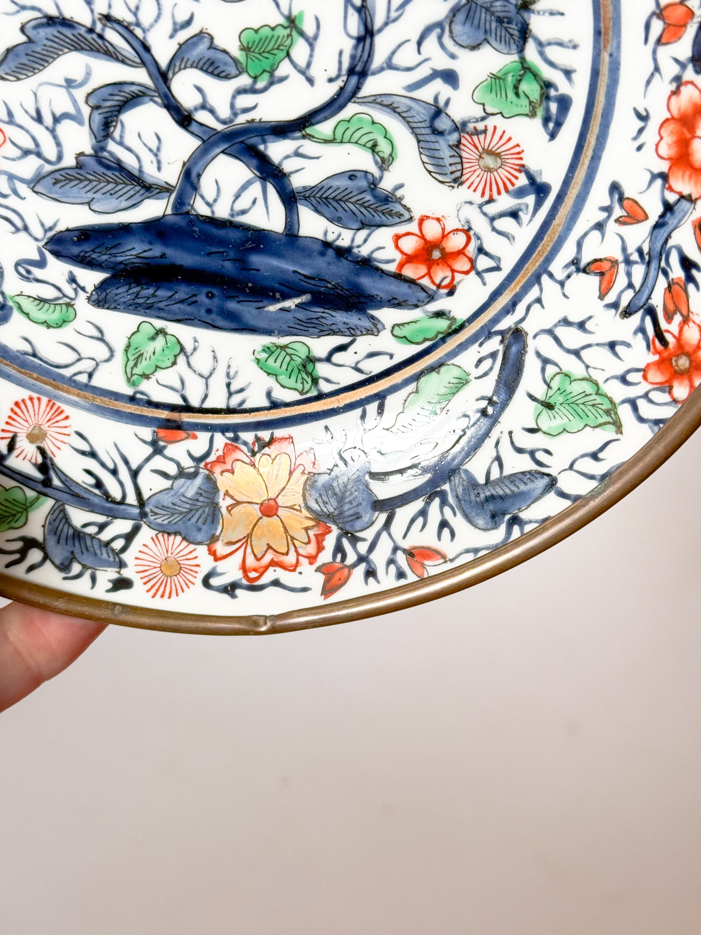 Vintage Brass Encased Chinoiserie Bowl - Blue, Green, Coral
