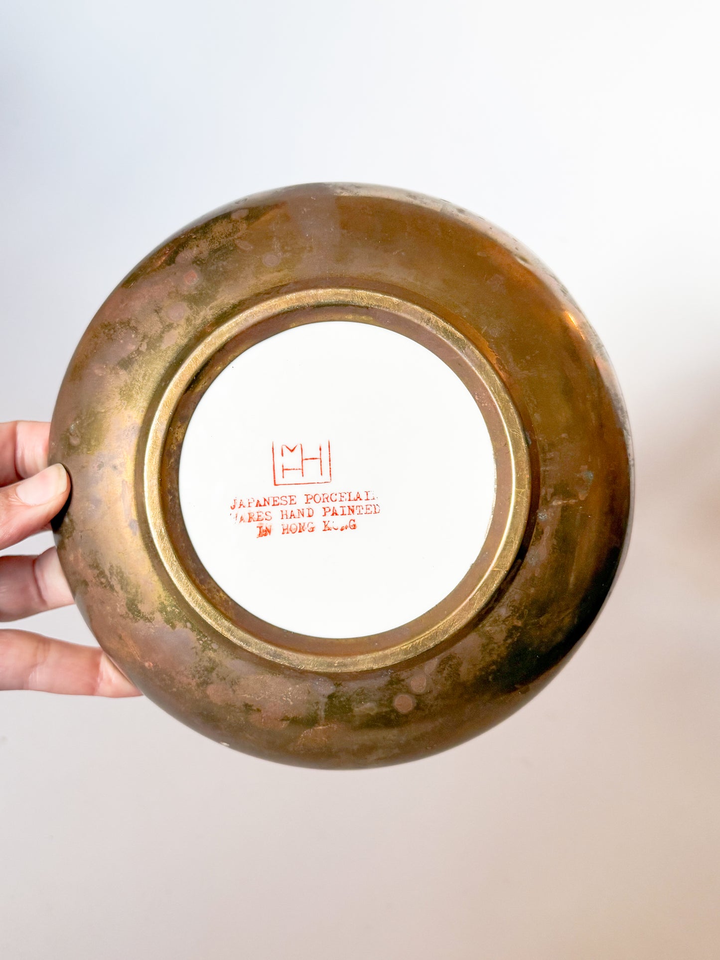 Vintage Brass Encased Chinoiserie Bowl - Blue, Green, Coral
