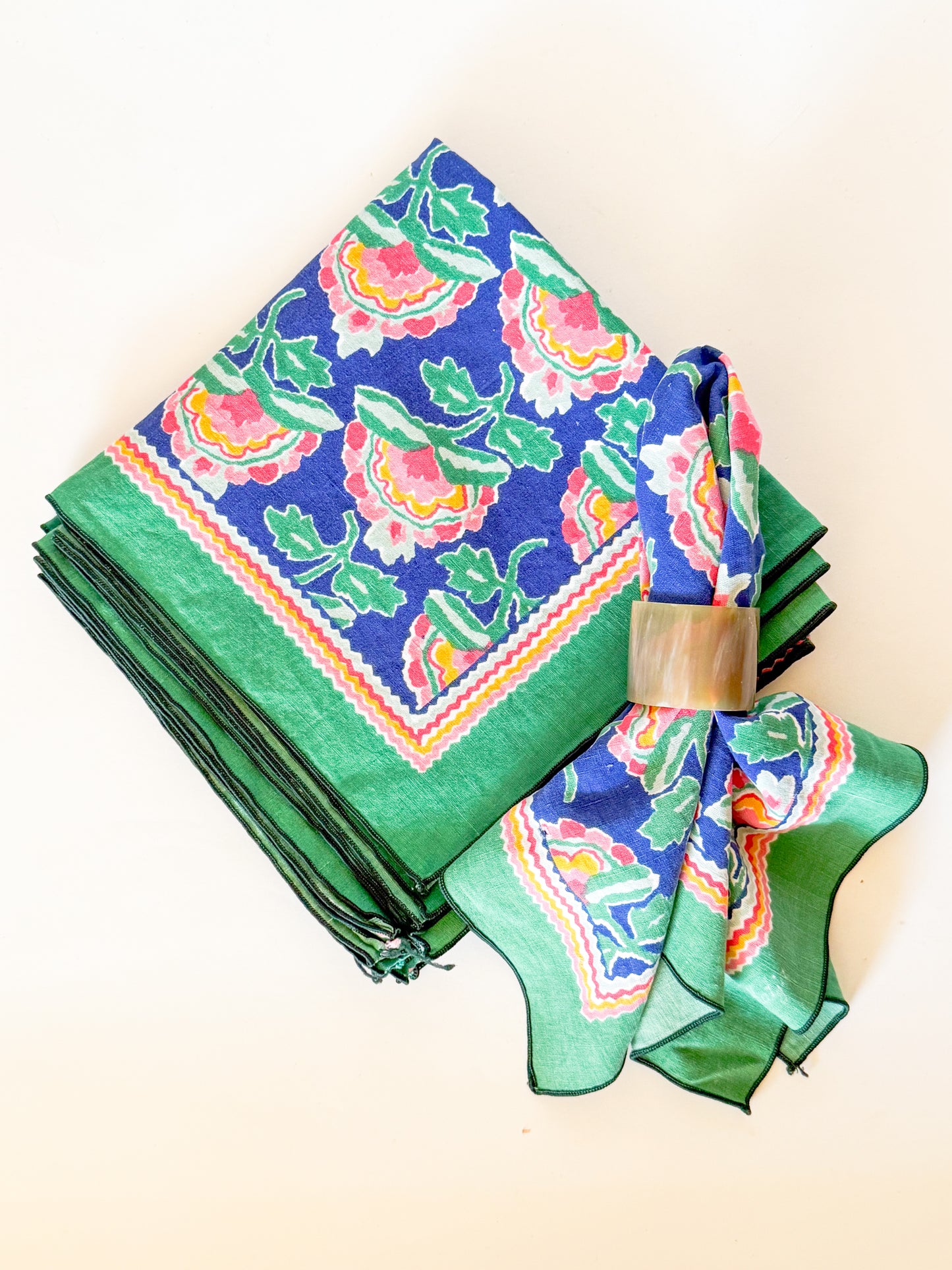 Vintage Floral Block Print Cloth Napkins, Set of 8