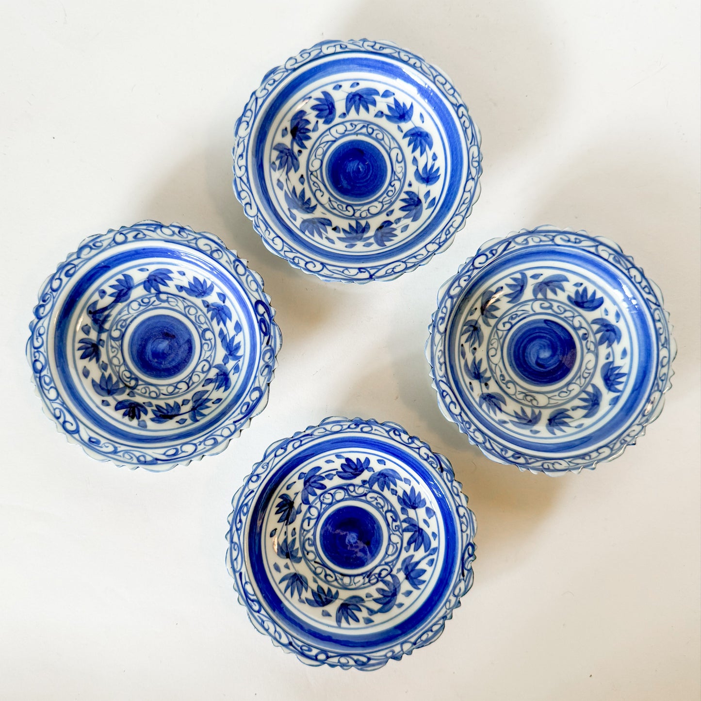 Vintage Blue and White Porcelain Coasters/Small Dishes, Sets of 4