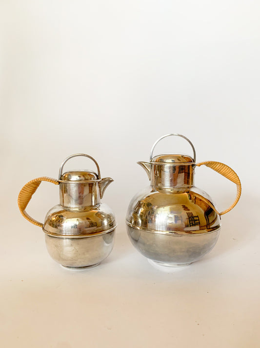 1930s Silver Plate and rattan creamer pitchers