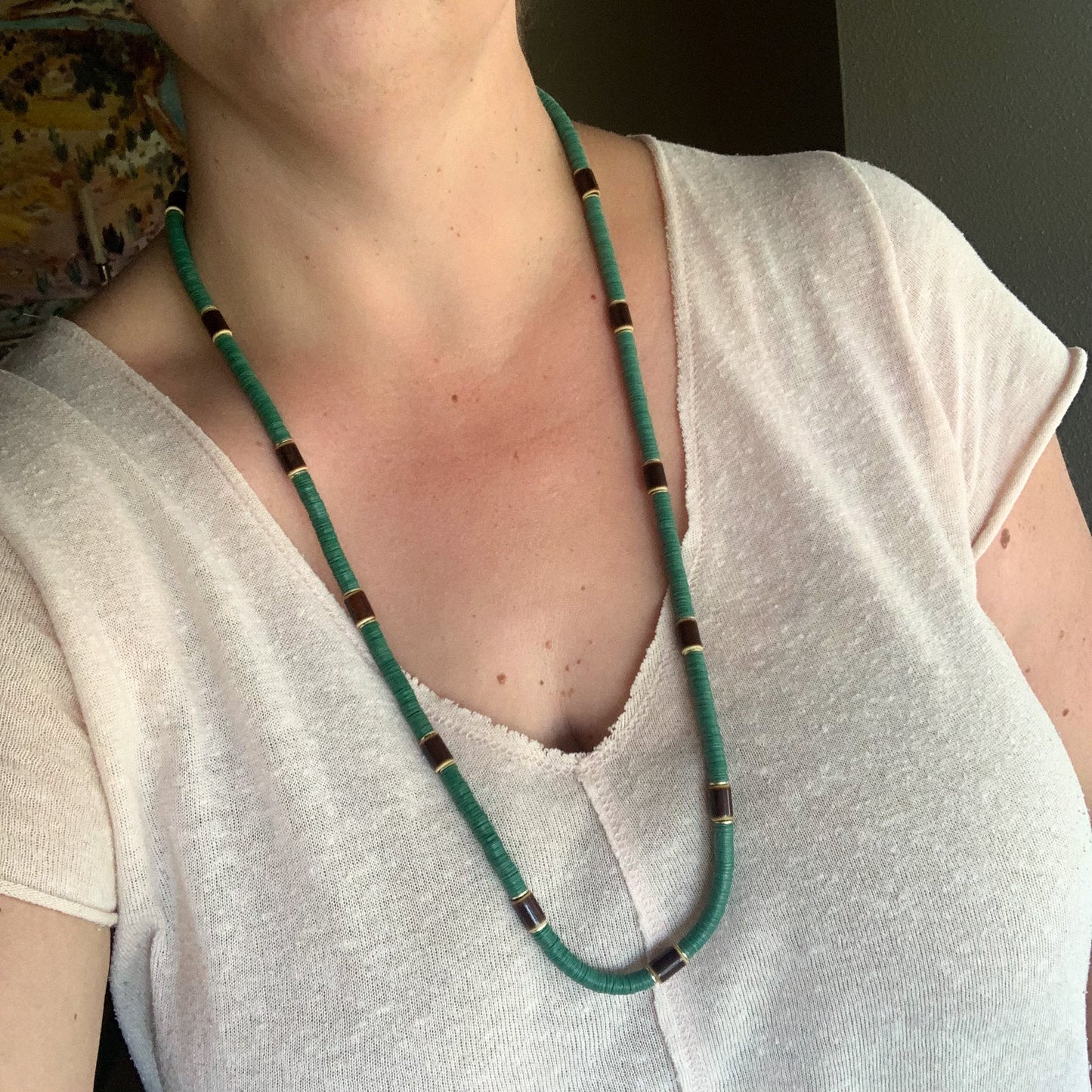 Checkered Layers: Green and Tribal Long Statement Necklaces