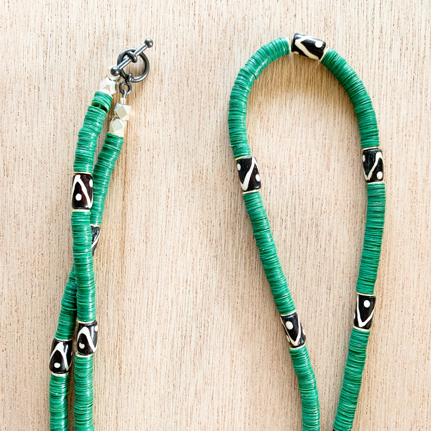 Checkered Layers: Green and Tribal Long Statement Necklaces