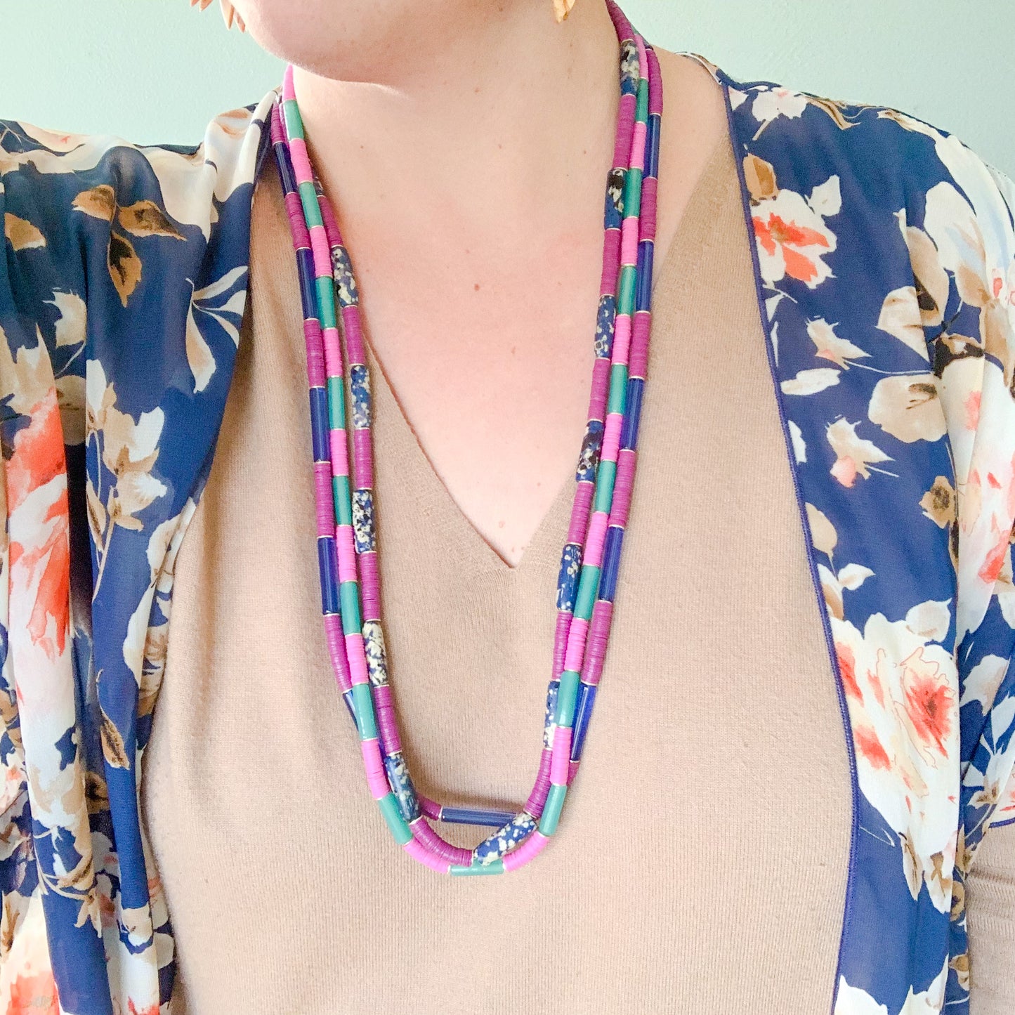 Checkered Layers: Purple and Cobalt Long Statement Necklaces