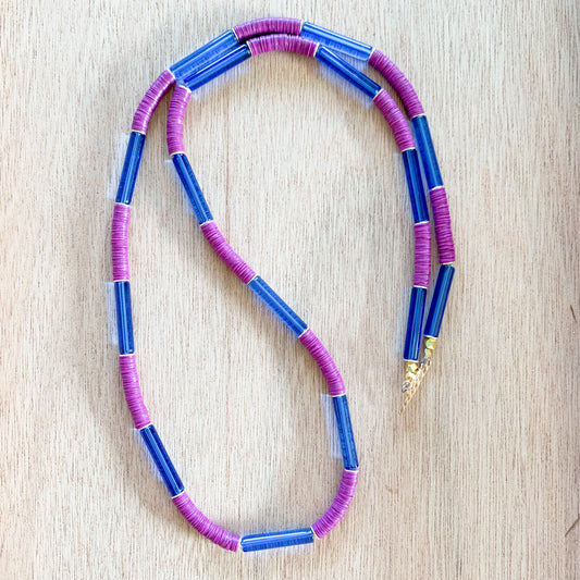 Checkered Layers: Purple and Cobalt Long Statement Necklaces