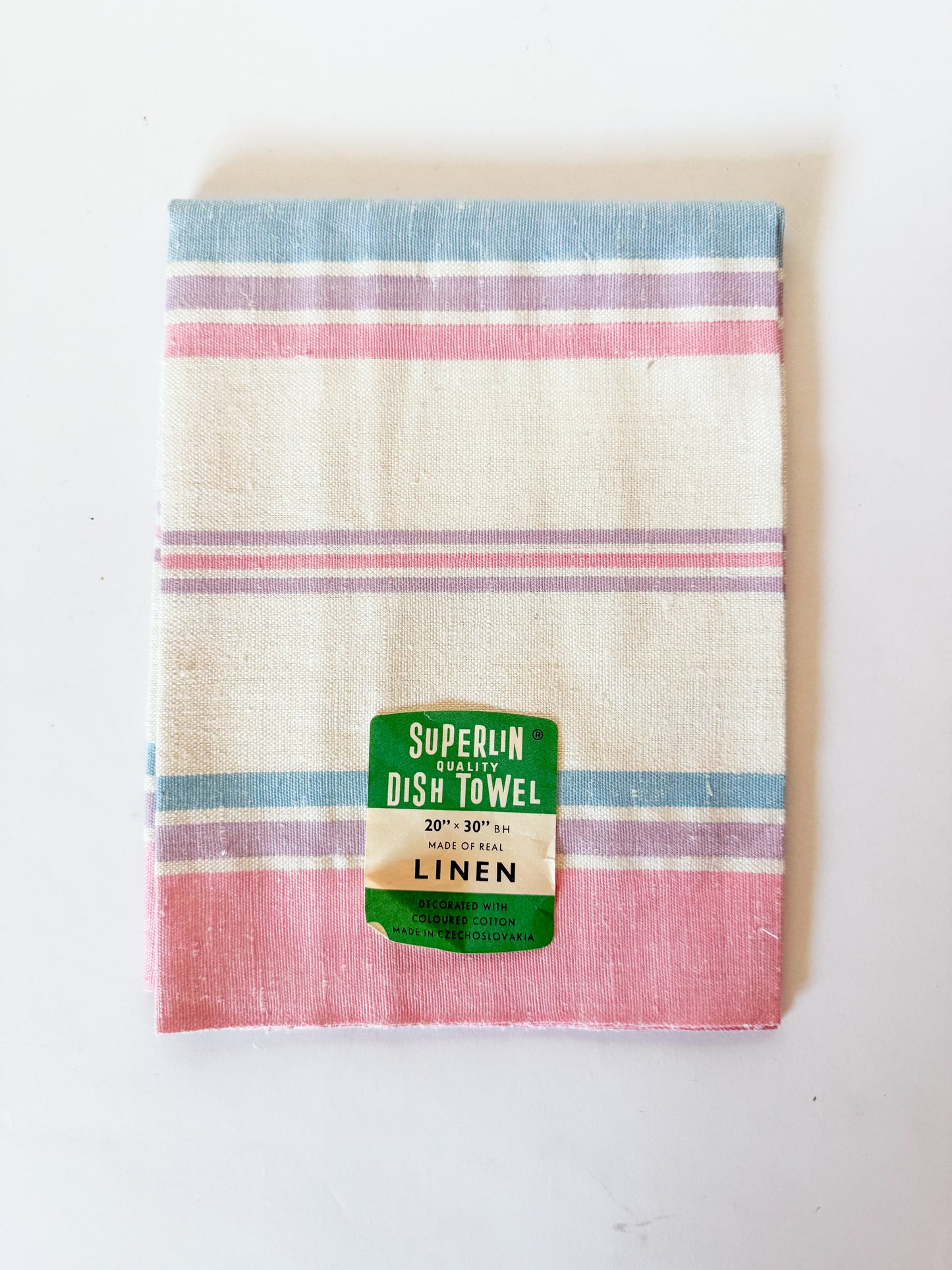 Vintage Linen Tea Towel - Pink, Cornflower, and Lavender