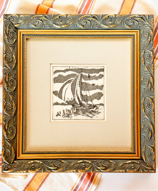 Custom Framed "Untitled" Sailboat Etching by Carol Burke, 1970