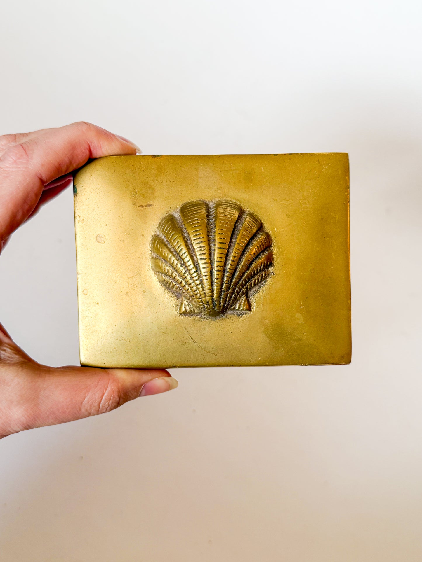 Vintage Brass Shell and Wood Box