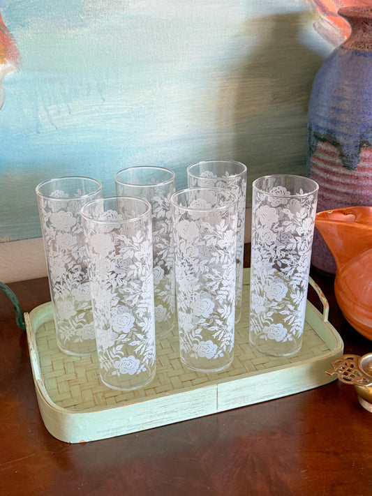 Vintage Mid Century Libbey Tom Collins White Roses Glasses, Set of Six