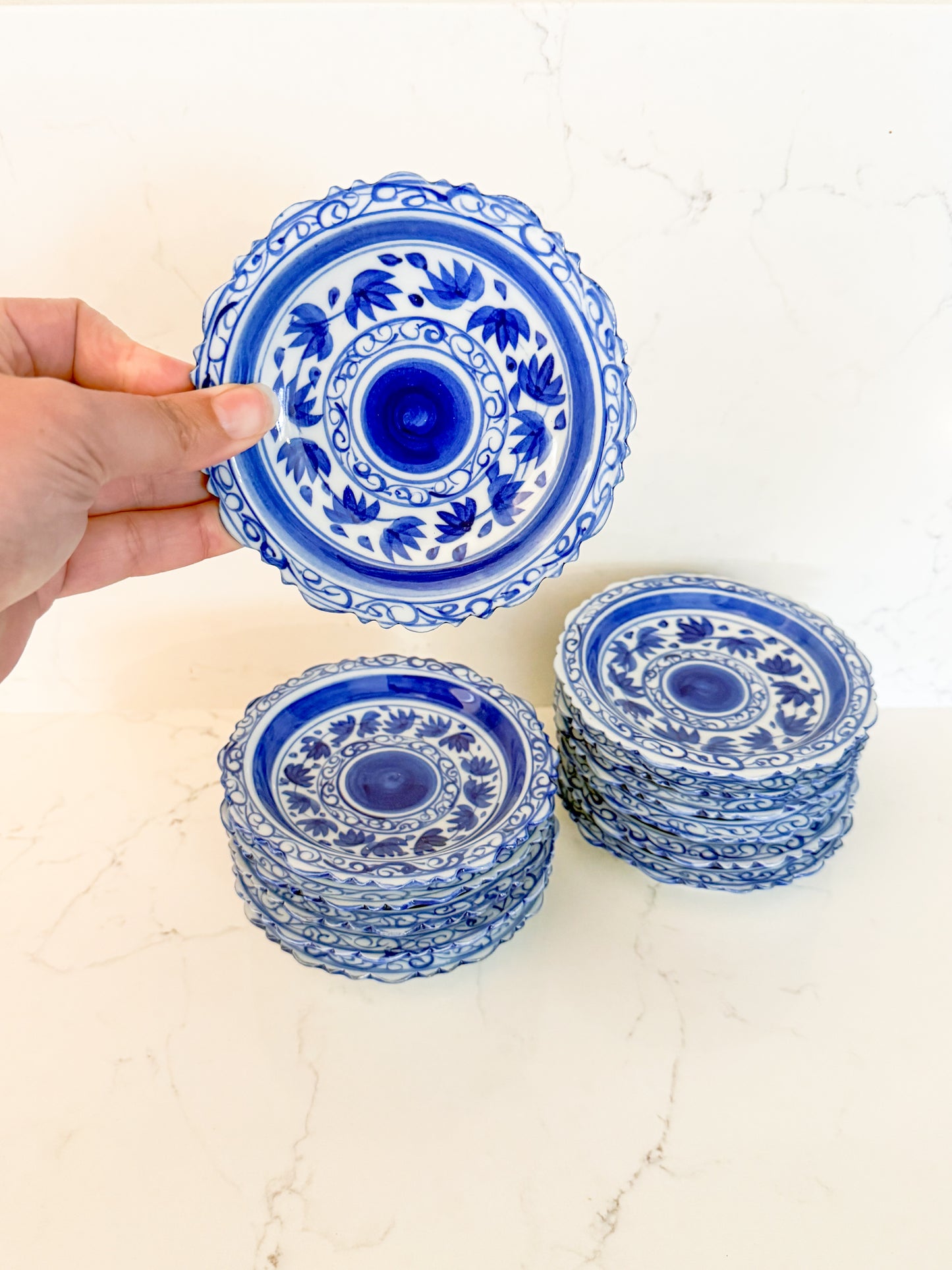 Vintage Blue and White Porcelain Coasters/Small Dishes, Sets of 4