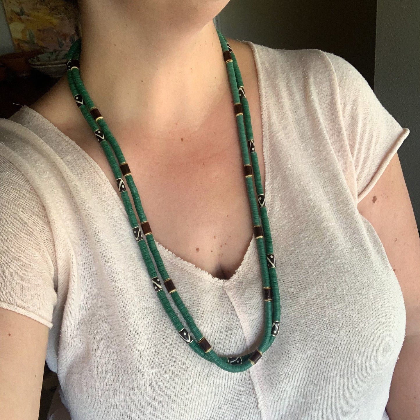 Checkered Layers: Green and Tribal Long Statement Necklaces