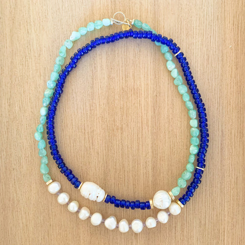 Baroque Pearlies: Mint Chrysoprase and Blue Necklace
