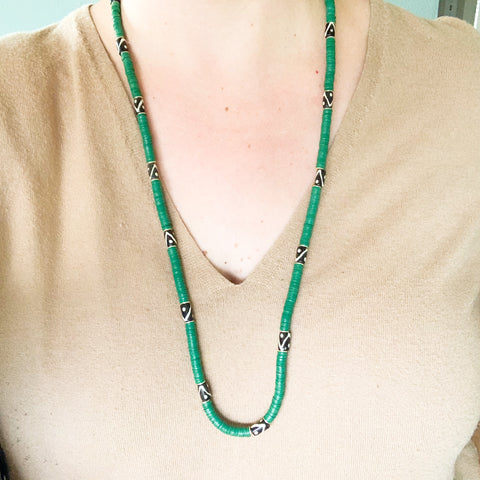 Checkered Layers: Green and Tribal Long Statement Necklaces