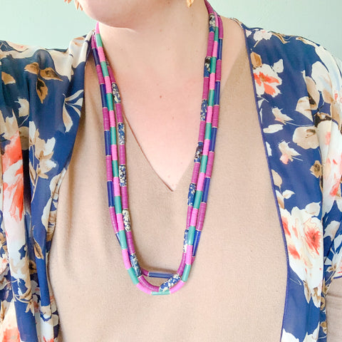 Checkered Layers: Purple and Cobalt Long Statement Necklaces