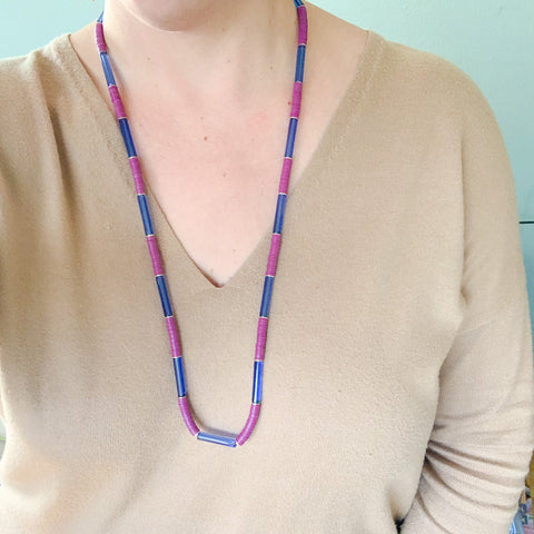 Checkered Layers: Purple and Cobalt Long Statement Necklaces