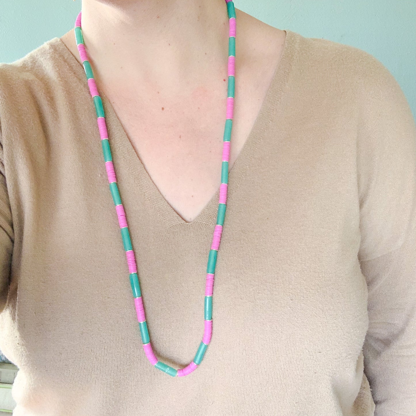 Checkered Layers: Orchid and Mint Long Statement Necklaces